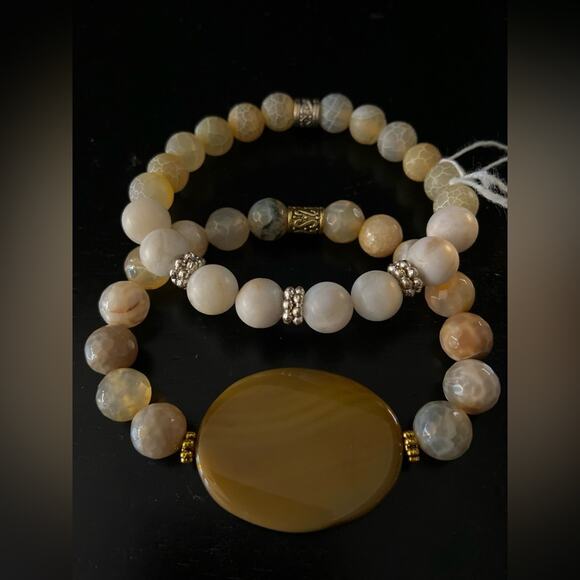 ALL THINGS BEAUTIFUL: Dendritic Agate Faceted w/Oval Fire Agate Set (NWOT) - Picture 5 of 7